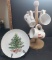 Wood Mug Rack Containing 3 California Pottery Christmas Mugs, Vintage Lefton Christmas Plate