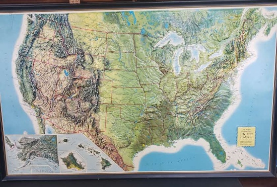 Vintage Framed Rand McNally 3D United States Map