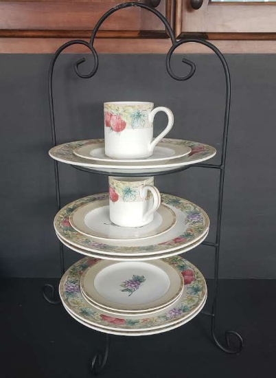 Wrought Iron Plate Stand Containing Pieces from Noritake Sonoma Gardens Pattern
