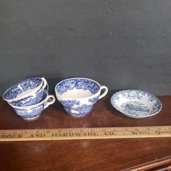 Lot of 3 Vintage Mason’s Ironstone Teacups and 1 Blue/White Small Bowl