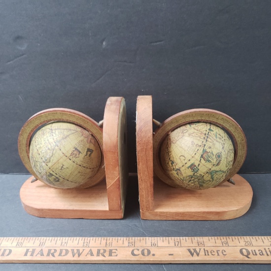 Pair of Vintage Wooden Globe Bookends, Made in Hong Kong