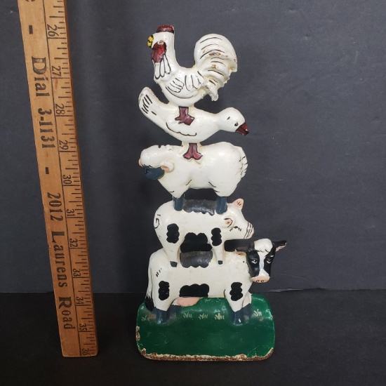 Vintage Cast Iron Doorstop with Stacked Farm Animals