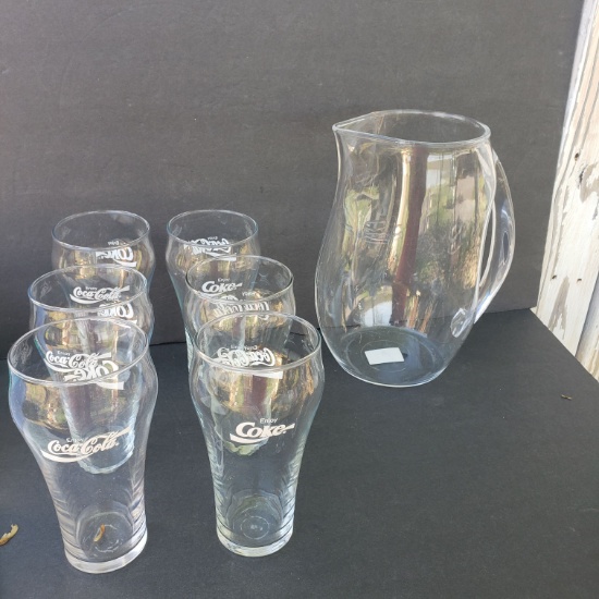New Acrylic Pitcher with 6 Vintage Coca Cola Glasses