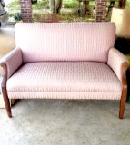 Adorable Vintage Pink Upholstered Settee with Dark Wood Trim