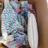 Box Lot Containing Unfinished Handmade Quilt and More