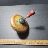 Vintage Metal Spinning Top with Wood Handle, Works