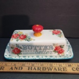 Pioneer Woman Teal Vintage Floral Butter Dish