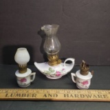 Lot of 3 Vintage Miniature Oil Lamps, Rose Pattern