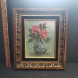 Beautiful Lovely Framed Oil Painting, Roses in Silver Pitcher, Signed Jo Wonders