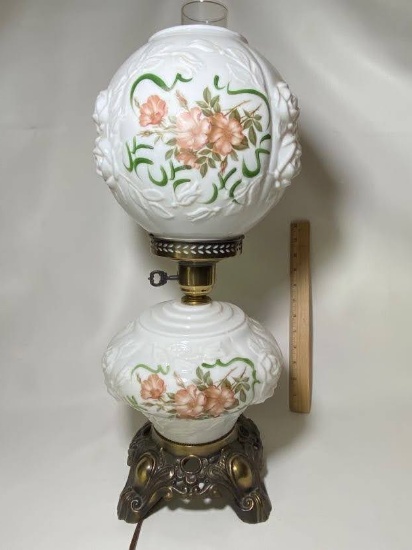 Beautiful Vintage Floral Milk Glass Gone With the Wind Lamp with Brass Finish