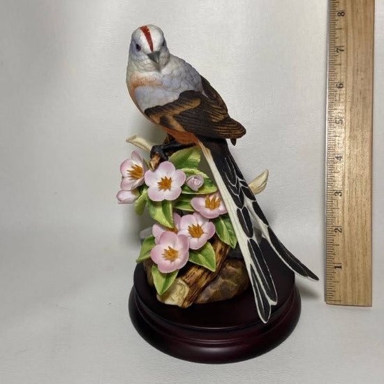 Porcelain Andrea by Sadek Scissor-Tailed Flycatcher Bird Figurine on Wood Base