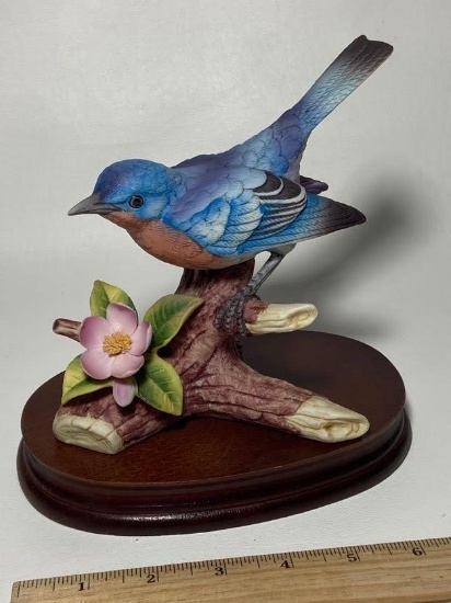 Porcelain Andrea by Sadek Bluebird Figurine on Wooden Base