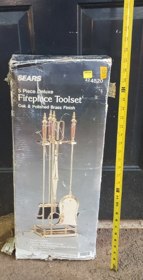 Sears 5 Piece Deluxe Fireplace Toolset Oak and Polished Brass Finish