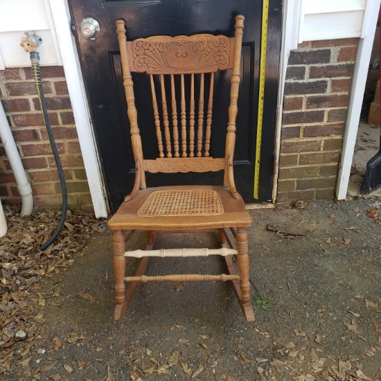 Vintage Wooden Rocking Chair with Carved Back Woven Rattan Seat