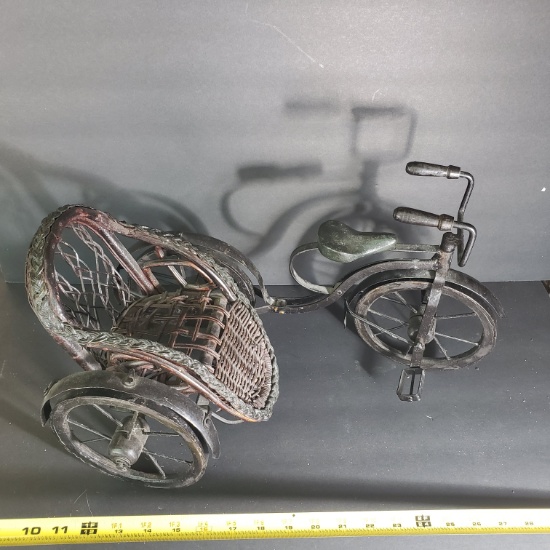 Vintage Toy Metal with Wicker Passenger Seat Doll Tricycle