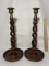 Pair of Hand Crafted Wooden Candlesticks with Brass Tops