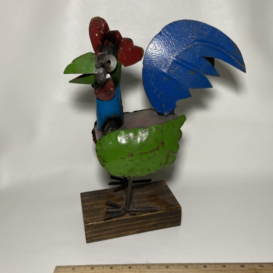 Cool Hand Crafted Metal Chicken Statue on Wood Base