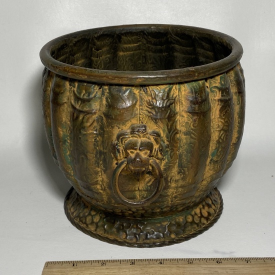 Metal Planter with Lion Head Ring Handle & Hammered Base