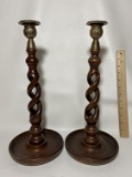 Pair of Hand Crafted Wooden Candlesticks with Brass Tops