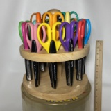 Large Lot of Crafting Scissors in Wooden Rotating Rack & Plastic Cylinder
