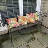 Nice Metal Outdoor Bench with Rolled Arms & Decorative Pillows