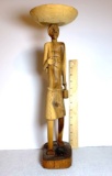 Hand Carved Wooden Tribal Figurine with Bowl on Head