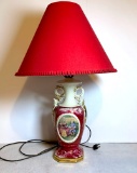 Red Ceramic Lamp with Victorian Scene