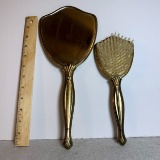 Vintage Brass Tone Dresser Brush and Hand Mirror