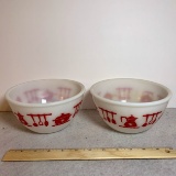 Pair of Milk Glass Bowls with Red Teapots & Utensils Design