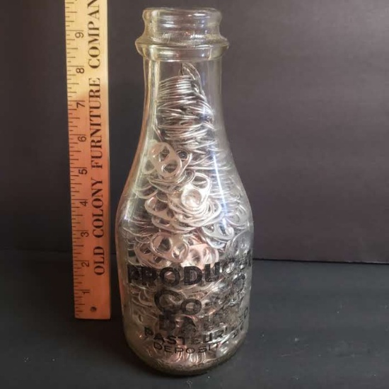 Vintage Quart Milk Bottle “Producers Co-OP Dairy” Filled With Can Tabs