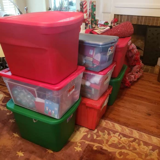 Huge Christmas Lot, 10 Totes with Lids Plus More, Decorations, Paper, Lights and More