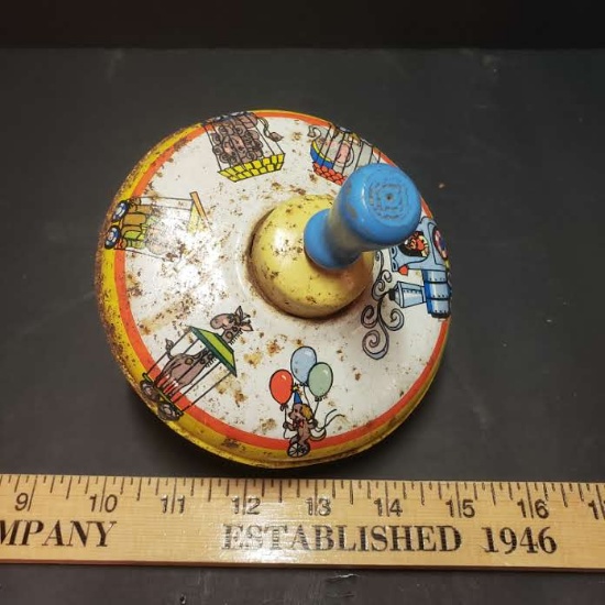 Vintage Ohio Art Metal Spinning Top Toy with Wood Handle