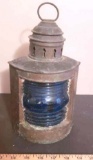 Vintage Brass Lantern Décor with Blue Light Cover