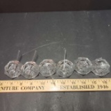 Lot of 6 Vintage Cut Glass Salt Cellars with Glass Spoons, Pinwheel Design