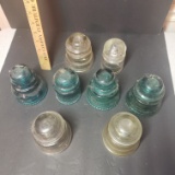 Lot of 8 Antique Glass Insulators, Blue and White