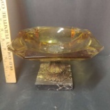 Vintage Amber Glass Cigar Ashtray With Brass and Marble Pedestal Base
