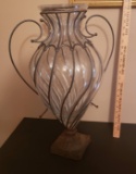 Beautiful Glass Vase with Soldered Metal Trim, Cast Iron Base and Flower Frog Insert