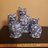 Set of 3 Calico China Blue and White Cats