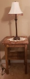 Vintage Wood End Table with Shelf and Pencil Lamp