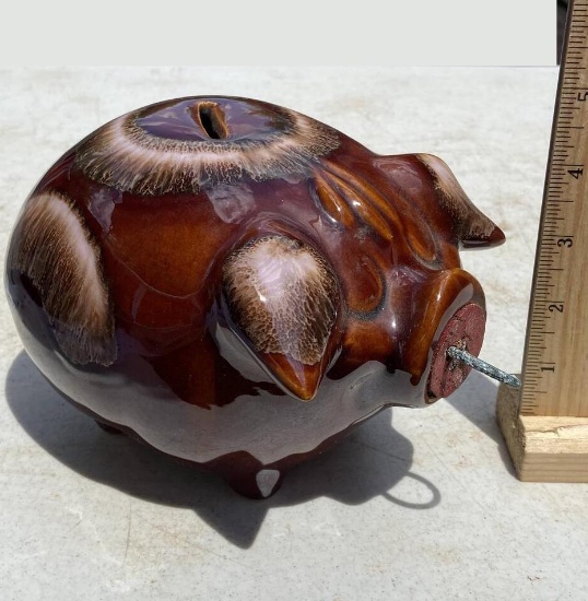 1957 Hull Pottery “Corky Pig” Brown Drip Glazed Piggy Bank