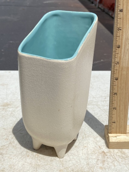 1957 McCoy Pottery Footed Vase with Textured White Outside & Turquoise Interior From The Capri Line