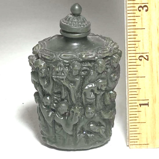 Ornate Vintage Molded Perfume Bottle w/ Buddha Faces & Top w/ Spoon End