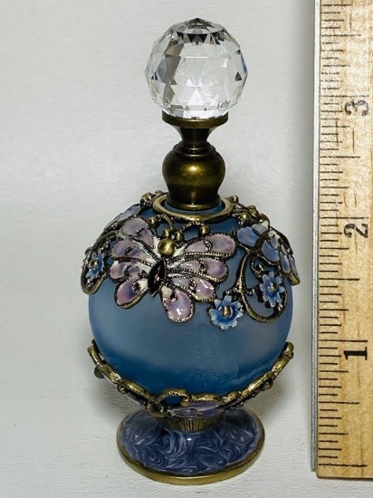 Blue Frosted Glass Perfume Bottle with Butterfly & Flower Exterior & Crystal Cap