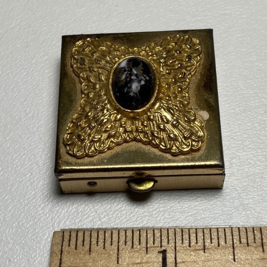 Vintage Brass Divided Pill Box with Black Speckled Stone