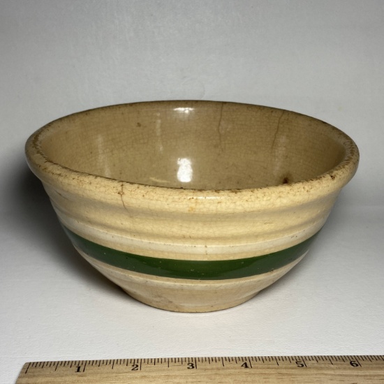 Vintage Pottery Bowl with Green & White Stripes