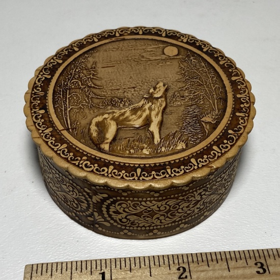 Awesome Carved Cork Trinket Box with Howling Wolf Scene Made in Russia