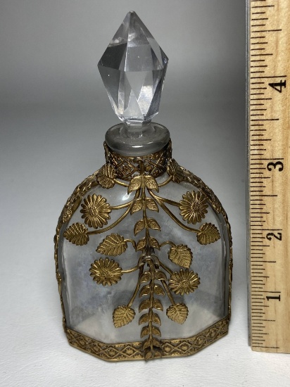 Beautiful Vintage Perfume Bottle with Stopper & Ornately Decorated Exterior