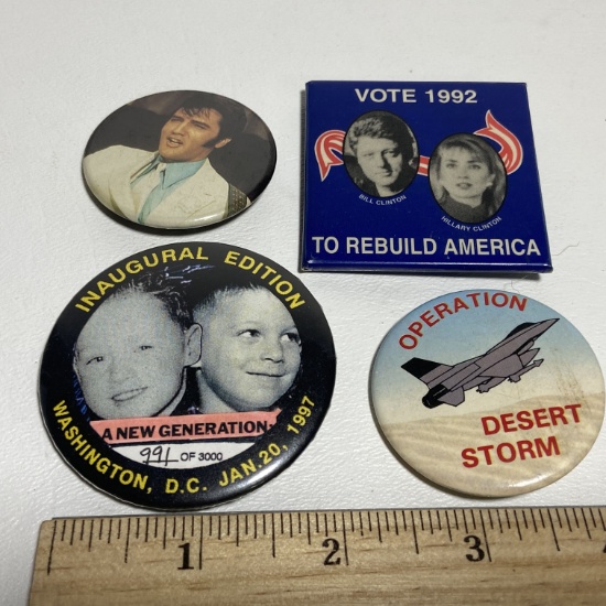 Lot of Misc Vintage Pins - Elvis, Clinton’s Campaign, Desert Storm, Limited Ed.