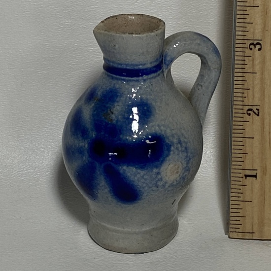 Small Salt Glaze Pottery Pitcher with Cobalt Floral Design