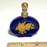 Small Vintage Cobalt Glass Perfume Bottle with Gilt Flowers & Top